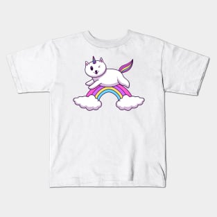 Cat Unicorn On Rainbow Cloud Kids T-Shirt